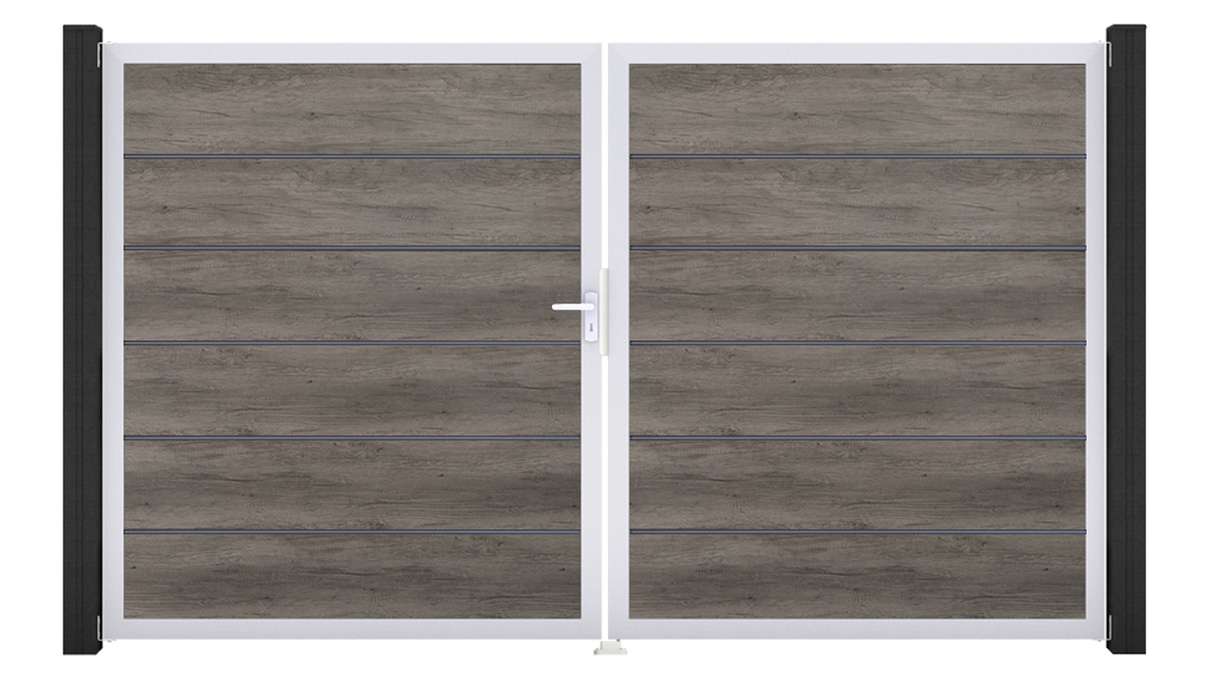 planeo Gardence Simply Premium - Cancello in PVC a 2 ante, finitura Monument Oak con telaio in alluminio, 300 x 180 cm