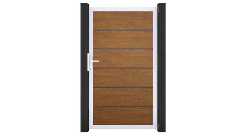 planeo Gardence Simply Premium - Cancello universale in PVC Golden Oak con telaio in alluminio 100 x 180 cm