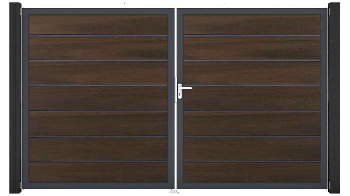 planeo Gardence Deluxe - Cancello BPC - a 2 ante, in noce co-ex con telaio in alluminio