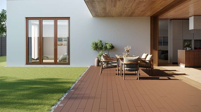 planeo LineWood WPC Pannello per decking solido - marrone chiaro scanalato/scanalato