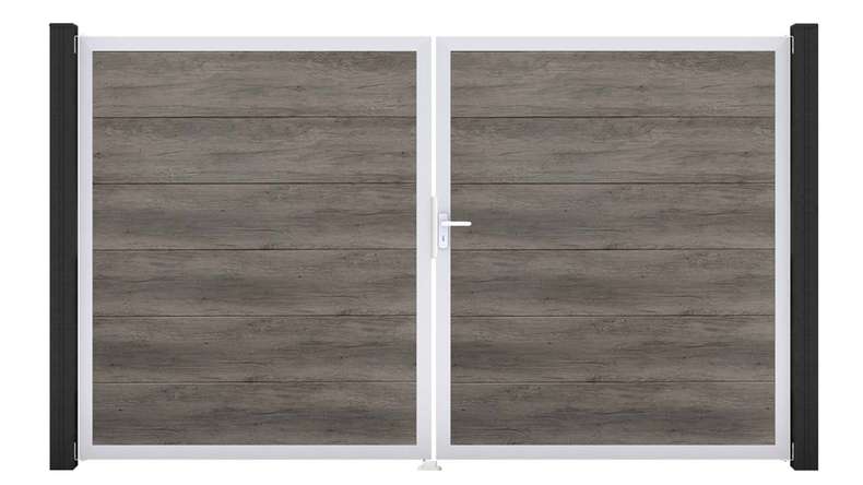 planeo Gardence Simply - Cancello in PVC a due ante, modello Monument Oak con telaio in alluminio
