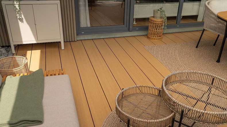 planeo MAXLine Nature - Pannello per decking XL rivestito in WPC CoEx camera cava - sabbia 3m strutturato/liscio spazzolato