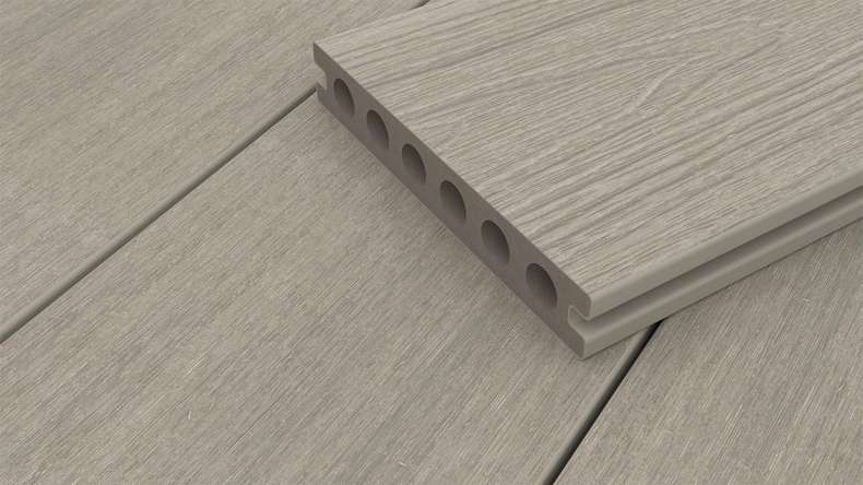 planeo WOODLine Nature - Pannello per decking rivestito in WPC CoEx a camera cava - grigio chiaro 3m strutturato/liscio spazzolato