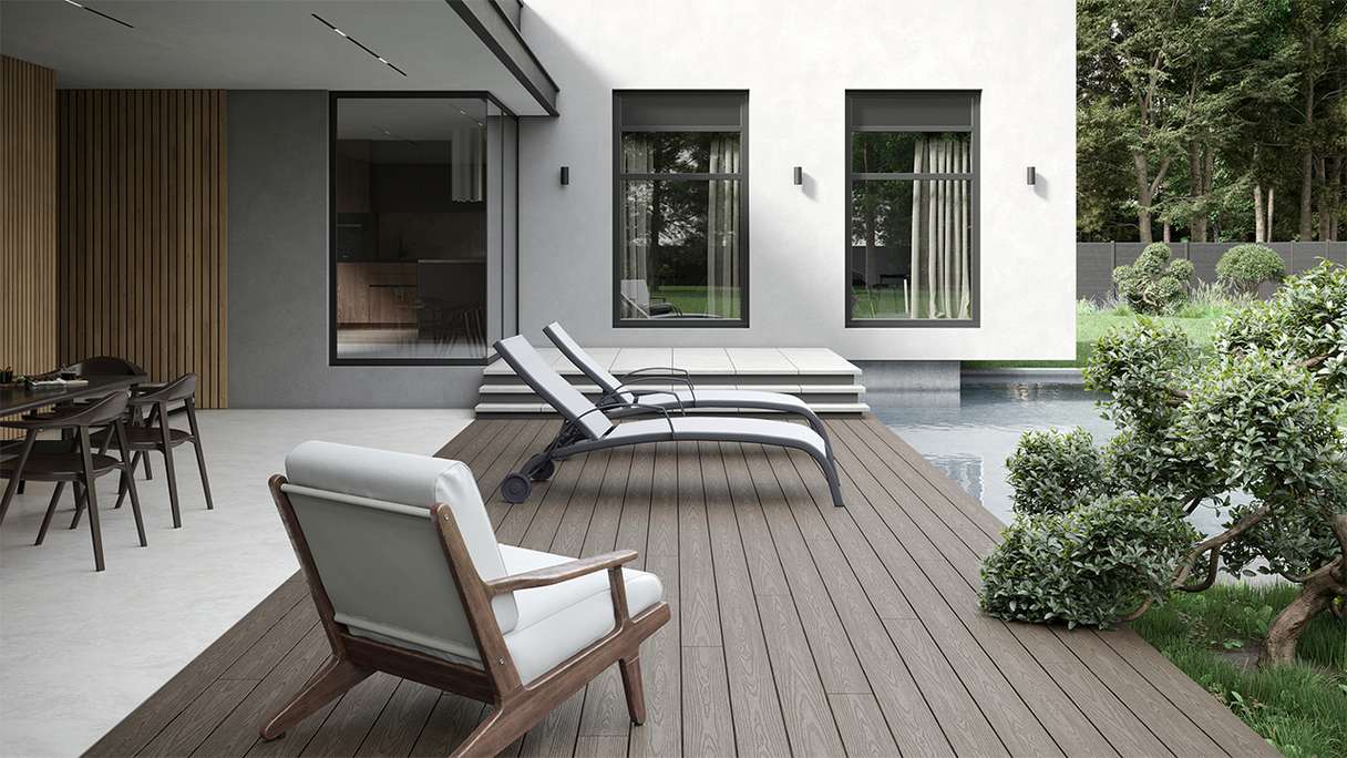 planeo CoEXWood WPC set completo di listoni massicci - grigio antracite/grigio strutturato