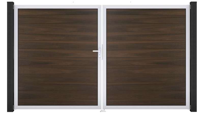 planeo Gardence Strong - Cancello BPC - a 2 ante, noce co-ex con telaio in alluminio