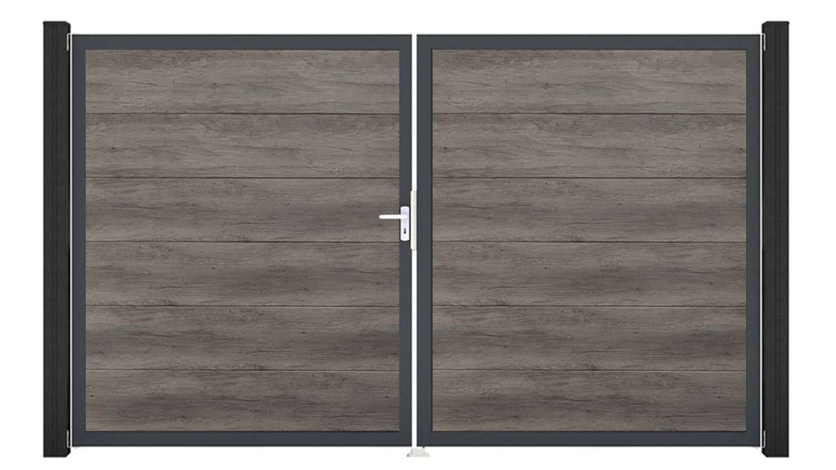 planeo Gardence Simply - Cancello in PVC a due ante, modello Monument Oak con telaio in alluminio