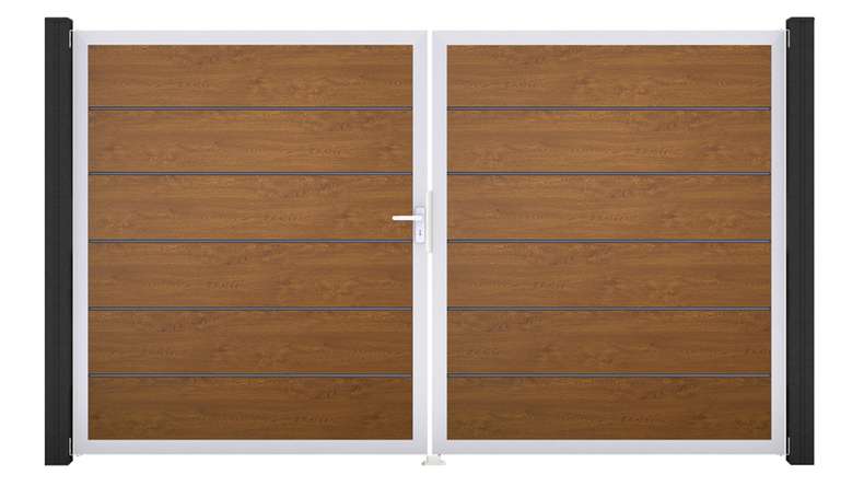 planeo Gardence Simply Premium - Cancello in PVC a 2 ante Golden Oak con telaio in alluminio 300 x 180 cm