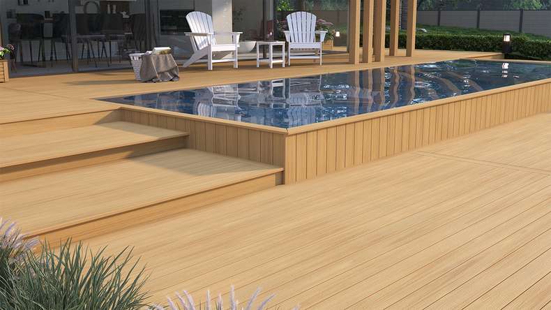 planeo WOODLine Nature - Pannello per decking rivestito in WPC CoEx camera cava - sabbia 3m strutturato/liscio spazzolato