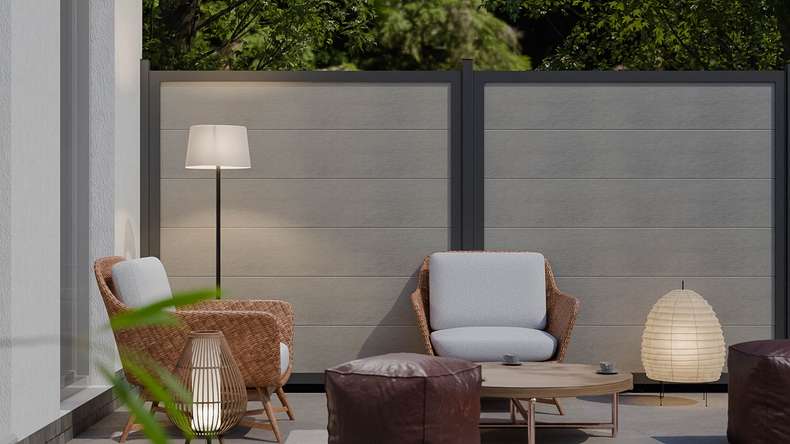 planeo Gardence Guard - Recinzione in BPC quadrata Bicolore Sabbia con telaio in alluminio antracite