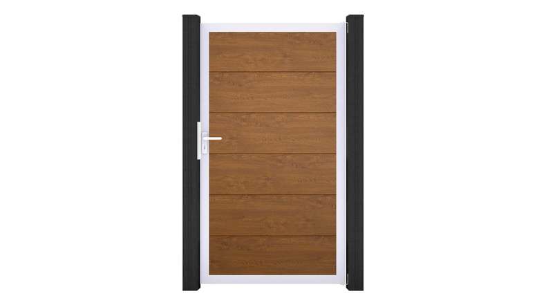 planeo Gardence Simply - Cancello universale in PVC Golden Oak con telaio in alluminio 100 x 180 cm