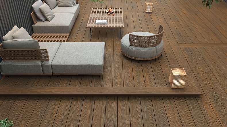 planeo MAXLine Nature - pannello per decking WPC CoEx avvolto XL camera cava - teak Burma 3m strutturato/liscio spazzolato