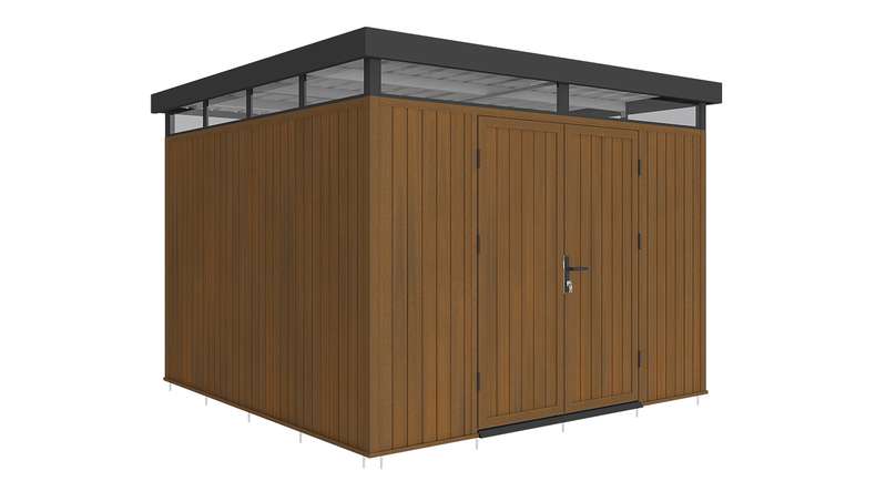 planeo WPC CoEx Casetta da giardino con tetto piano L - Teak birmano 300 x 292 x 226,5 cm