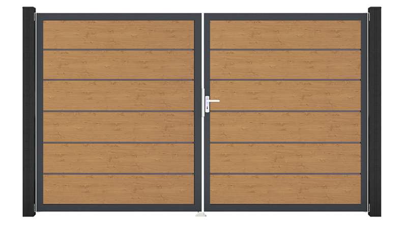 planeo Gardence Simply Premium - Porta in PVC - DIN destra a 2 ante in rovere nodoso naturale con telaio in alluminio antracite | DB703 300 x 180 cm