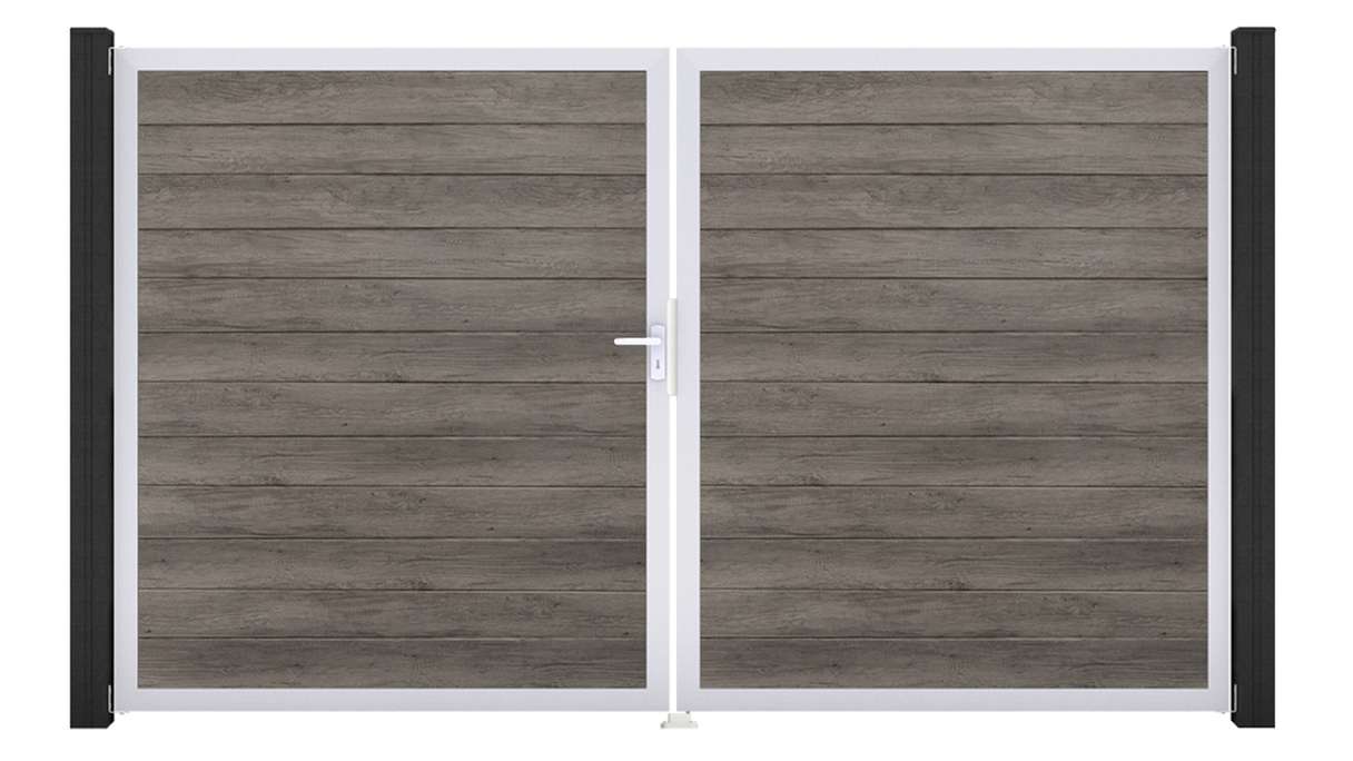 planeo Gardence Simply Small - Cancello in PVC a 2 ante, finitura Monument Oak con telaio in alluminio, 300 x 180 cm