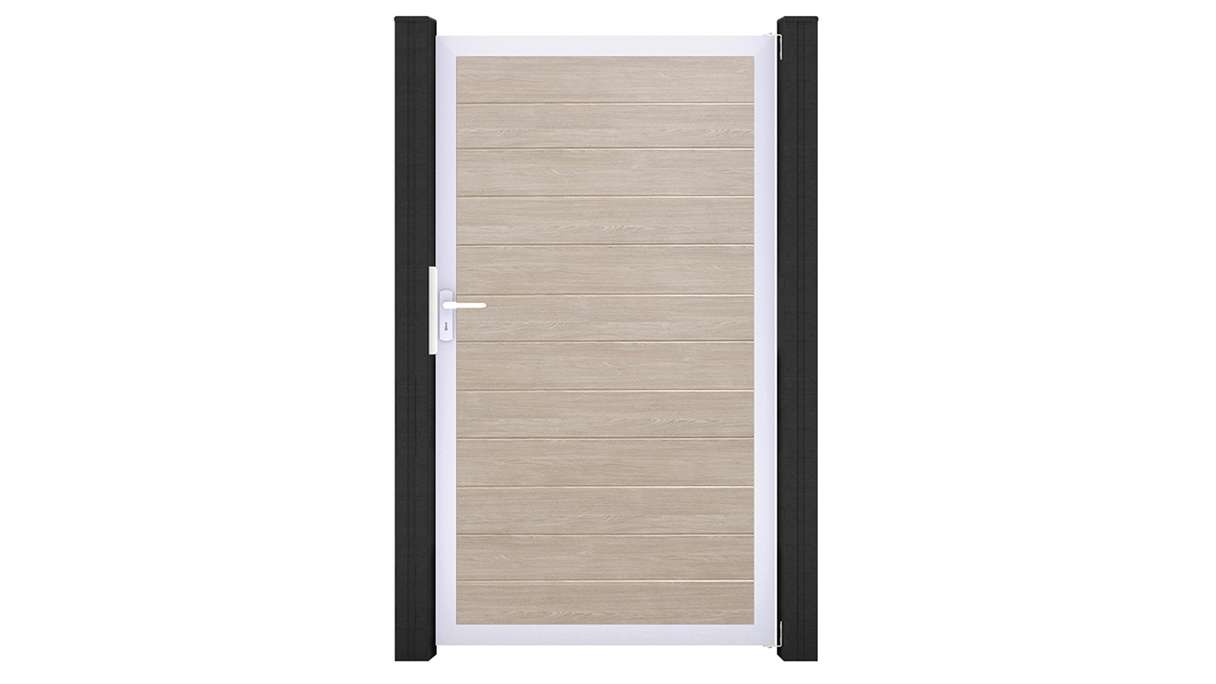 planeo Gardence Simply Small - Cancello universale in PVC Sheffield Oak con telaio in alluminio 100 x 180 cm