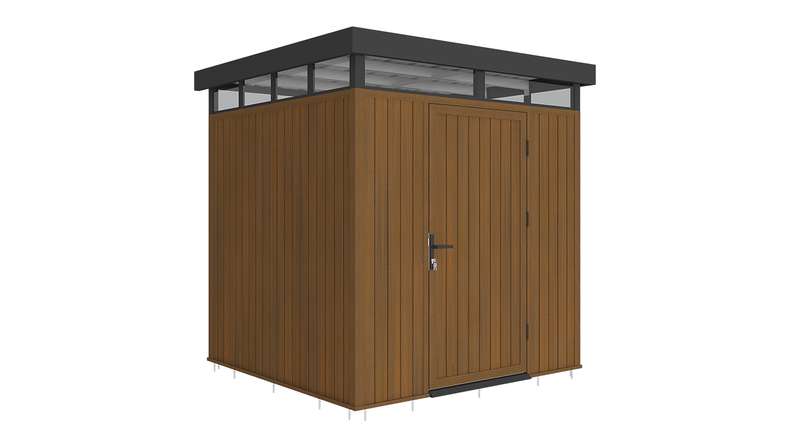 planeo WPC CoEx Casetta da giardino con tetto piano S - Teak birmano 208 x 200 x 226,5 cm