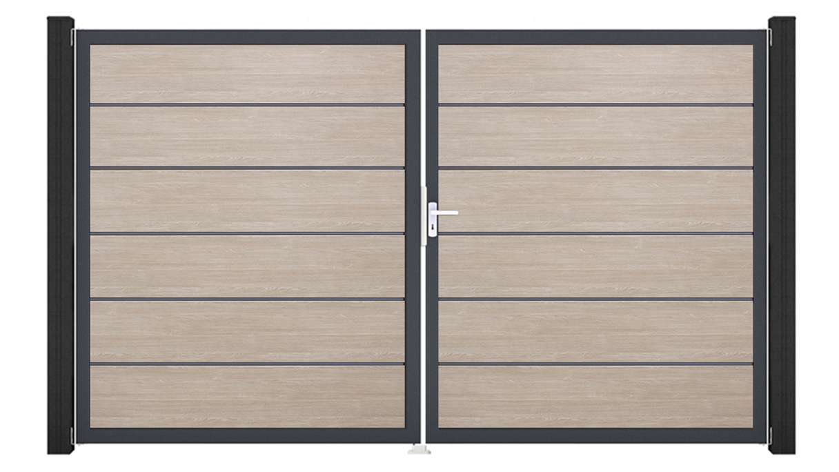 planeo Gardence Simply Premium - Cancello in PVC a due ante Sheffield Oak con telaio in alluminio 300 x 180 cm