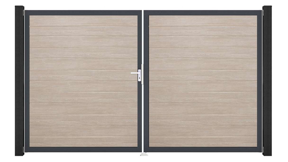 planeo Gardence Simply Small - Cancello in PVC a 2 ante, modello Sheffield Oak con telaio in alluminio, 300 x 180 cm