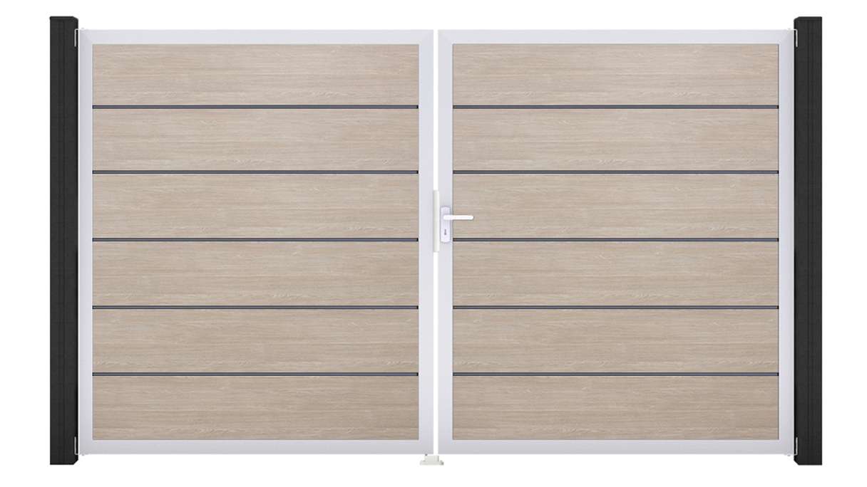 planeo Gardence Simply Premium - Cancello in PVC a due ante Sheffield Oak con telaio in alluminio 300 x 180 cm
