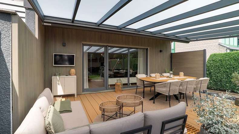 planeo MAXLine Nature - Pannello per decking XL rivestito in WPC CoEx camera cava - sabbia 3m strutturato/liscio spazzolato