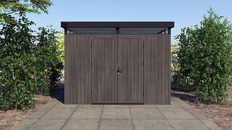 planeo WPC CoEx Casetta da giardino con tetto piano L - Grigio scuro 300 x 292 x 226,5 cm