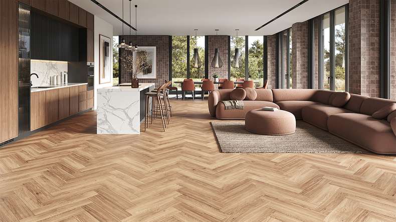 planeo Vinile rigido Klick - SolutionX 2in1 Rovere a spina di pesce Marrone chiaro | Isolamento acustico integrato (ECF-HB-4955)