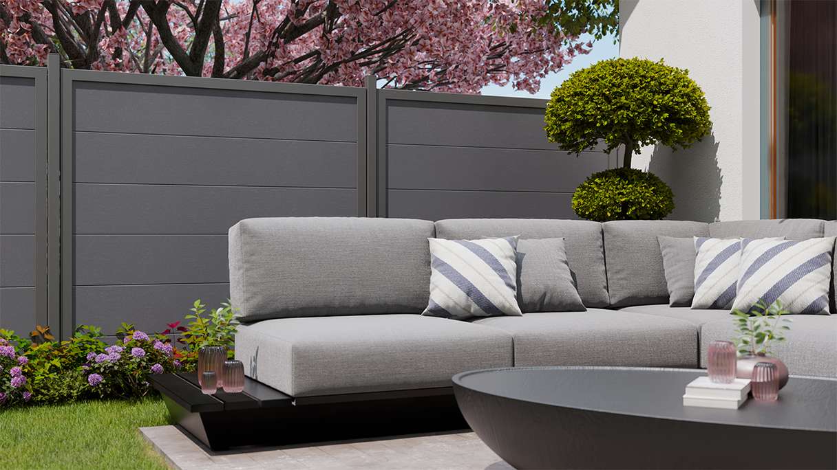 planeo Gardence Simply Guard - recinzione da giardino in PVC grigio antracite con telaio in alluminio antracite 180 x 180 cm