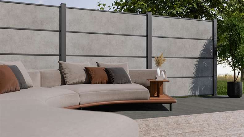 planeo Gardence Resistant - recinzione a innesto in HPL grigio cemento 180 x 183 cm
