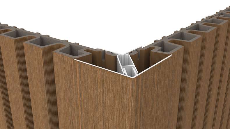 planeo LINEA - Profilo angolare esterno in alluminio CoEx, finitura teak birmano, 3000 x 66 x 66 mm