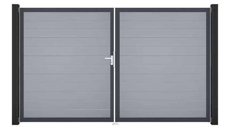 planeo Gardence Simply Small - Cancello in PVC a 2 ante, grigio argento con telaio in alluminio, 300 x 180 cm