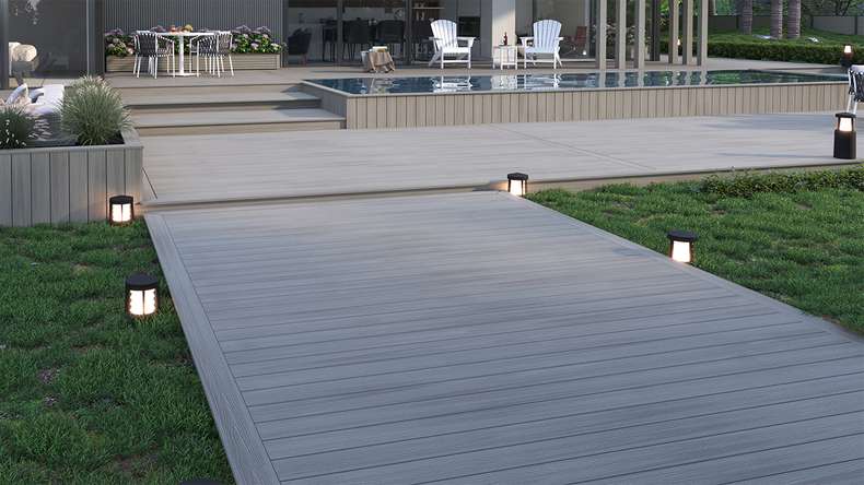 planeo WOODLine Nature - Pannello per decking rivestito in WPC CoEx a camera cava - grigio chiaro 3m strutturato/liscio spazzolato