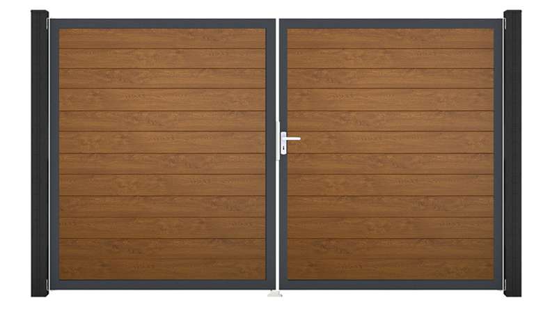 planeo Gardence Simply Small - Cancello in PVC a 2 ante, colore Golden Oak, con telaio in alluminio, 300 x 180 cm
