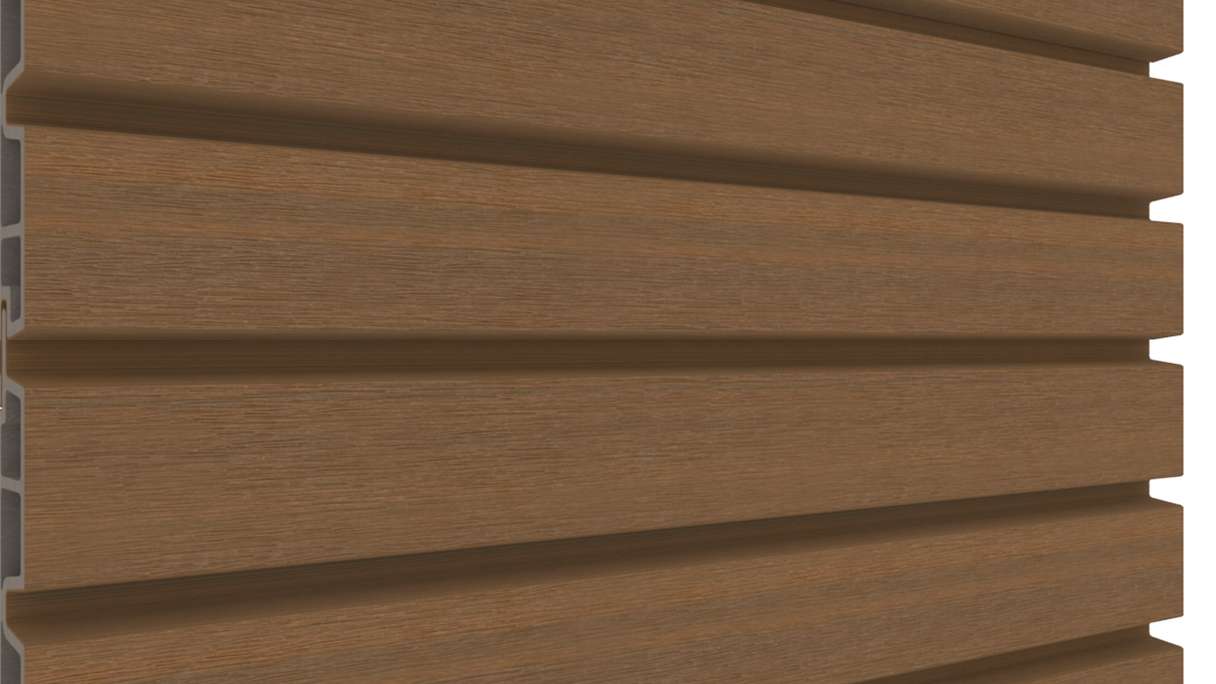 planeo LINEA Wide - Rivestimento per facciate in WPC CoEx, finitura Teak della Birmania, 2900 x 181 mm
