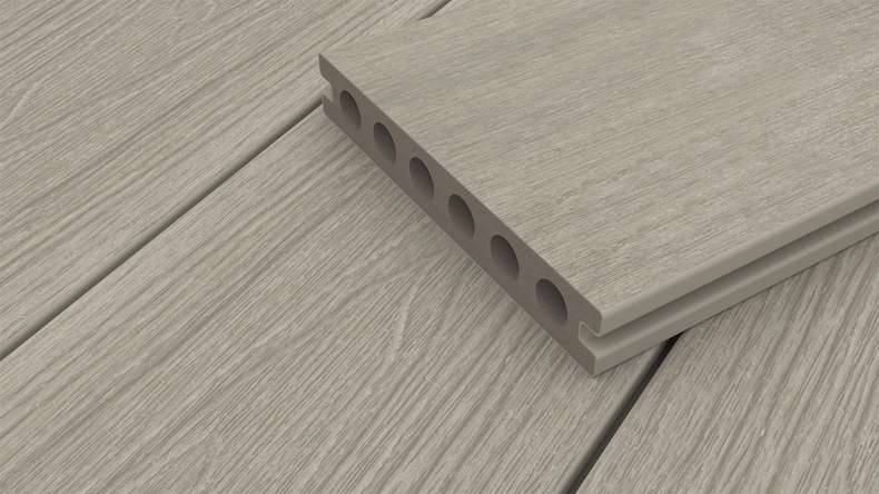 planeo WOODLine Nature - Pannello per decking rivestito in WPC CoEx a camera cava - grigio chiaro 3m strutturato/liscio spazzolato