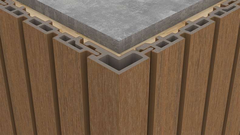 planeo LINEA - Angolo esterno in WPC CoEx, finitura teak birmano, 2900 x 62 x 55 mm