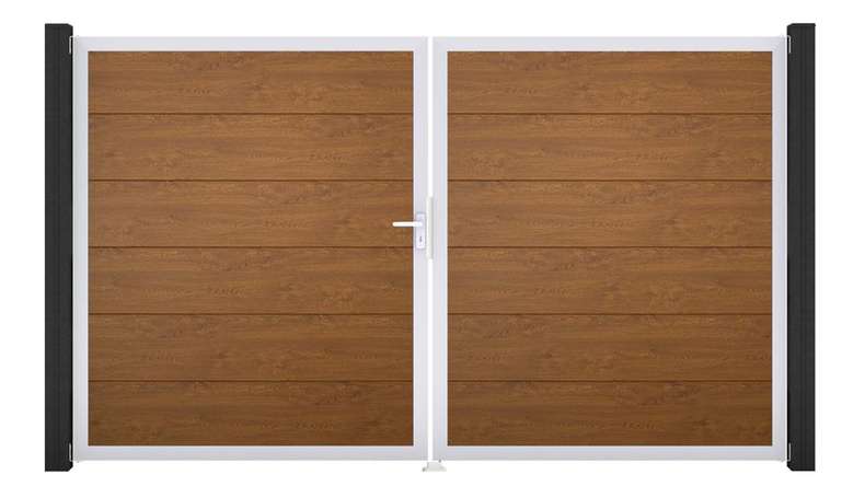 planeo Gardence Simply - Cancello in PVC a due ante, colore Golden Oak, con telaio in alluminio 