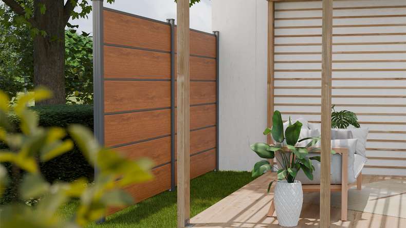 planeo Gardence Simply Premium - recinzione a innesto in PVC Rovere dorato con lesene in antracite 180 x 180 cm