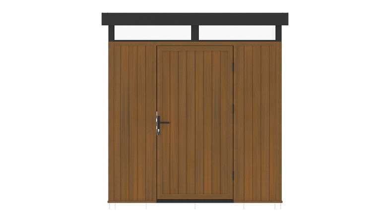 planeo WPC CoEx Casetta da giardino con tetto piano S - Teak birmano 208 x 200 x 226,5 cm