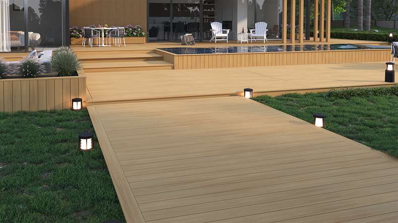 planeo WOODLine Nature - Pannello per decking rivestito in WPC CoEx camera cava - sabbia 3m strutturato/liscio spazzolato