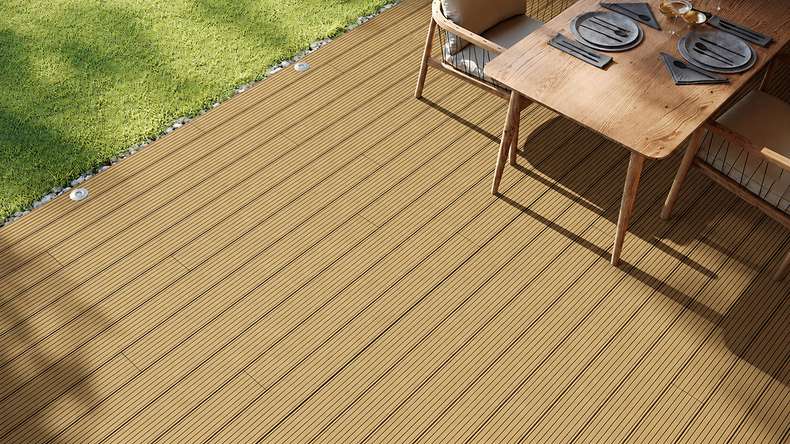 planeo LineWood WPC - Doghe per terrazze massicce - Marrone terra 3 m con scanalature e incastri