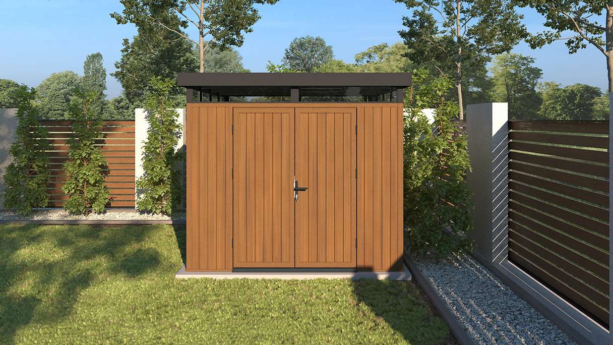 planeo WPC CoEx Casetta da giardino con tetto piano M - Teak birmano 250 x 250 x 226,5 cm