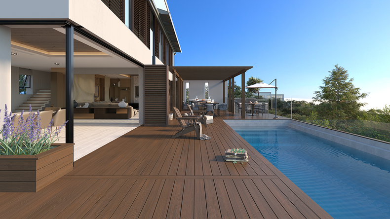planeo UNIDeck - Doghe per terrazza rivestite in WPC CoEx, Ipe marrone, 3 m - strutturate/liscie spazzolate