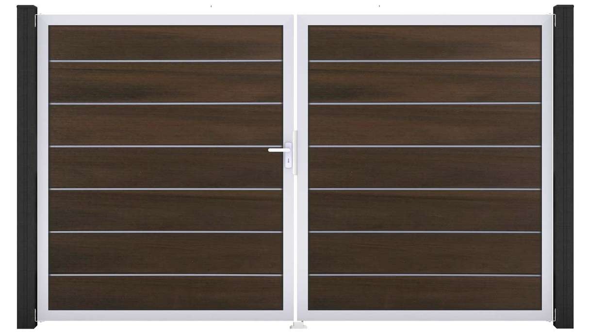planeo Gardence Deluxe - Cancello BPC - a 2 ante, in noce co-ex con telaio in alluminio