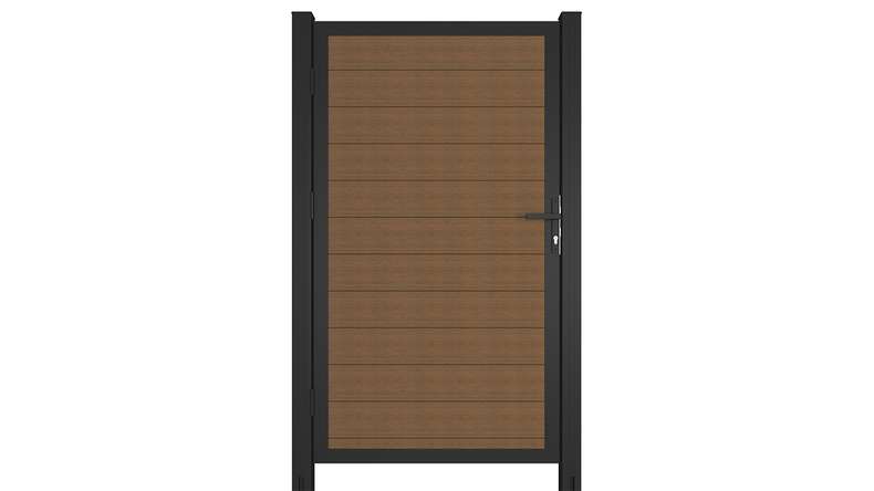 planeo INFINITY - Porta universale WPC CoEx Teak Burma con telaio in alluminio antracite 100 x 180 cm