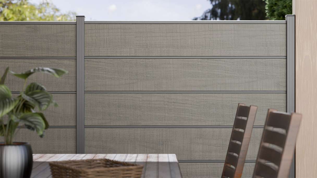 planeo Gardence Simply Premium - recinzione a innesto in PVC Grigio Cenere Taglio con lesene in antracite 180 x 180 cm