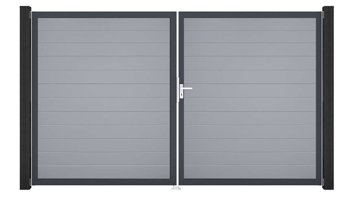 planeo Gardence Simply Small - Cancello in PVC a 2 ante, grigio argento con telaio in alluminio, 300 x 180 cm