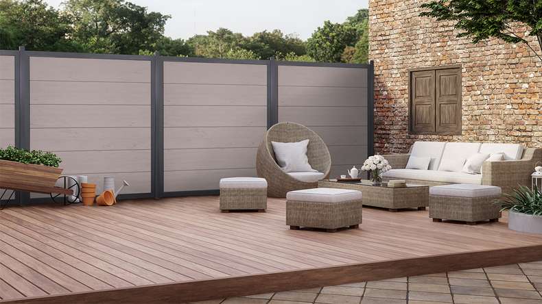 planeo Gardence Guard - Recinzione in BPC quadrata Bicolore Sabbia con telaio in alluminio antracite