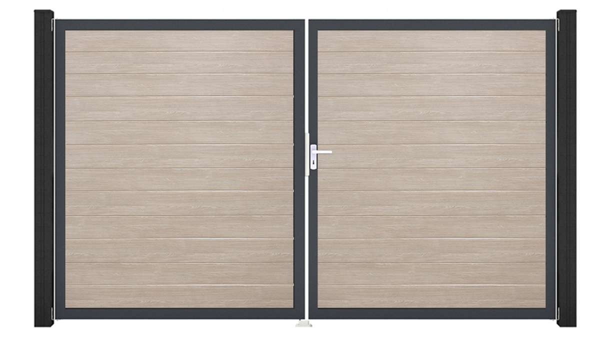 planeo Gardence Simply Small - Cancello in PVC a 2 ante, modello Sheffield Oak con telaio in alluminio, 300 x 180 cm