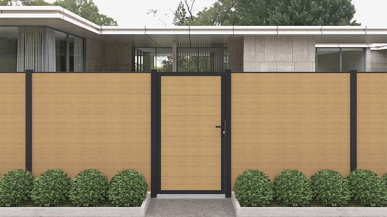 planeo INFINITY XL-Board - WPC CoEx sabbia universale per porte con telaio in alluminio antracite 100 x 180