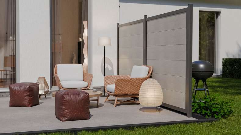 planeo Gardence Guard - Recinzione in BPC quadrata Bicolore Sabbia con telaio in alluminio antracite